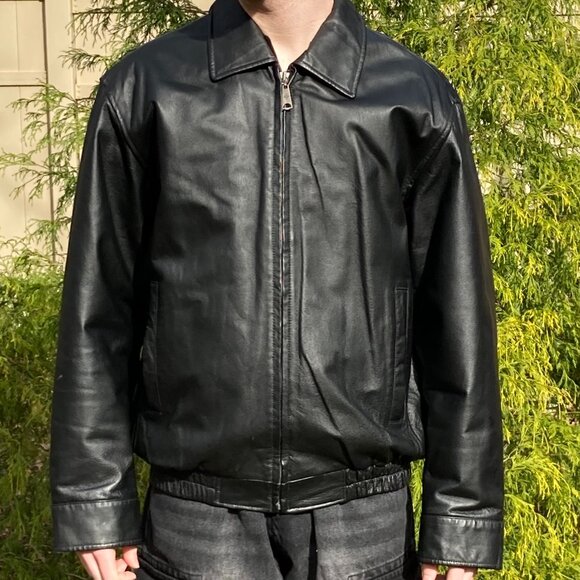 Vintage Columbia Jacket, Black Leather, Mens Medium, w/ Custom Embroidery, Eagle - Picture 4 of 12